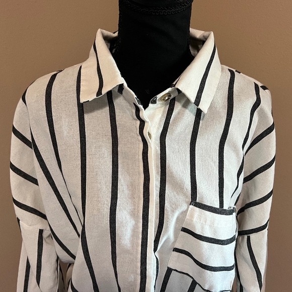 LULUS Amelia Dawn Off-White Striped Long Sleeve Button-Up Top (Size M) - Picture 2 of 16